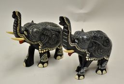 Nice Pair of Ebony Wood Elephants decorated in green and white pattern, one missing tusk,