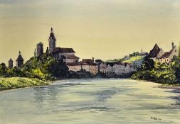Attributed Adolf Hitler painting - a water colour depicts a town and river scene, signed and dated
