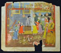 Indian Miniature Painting c19th c showing a domestic scene with a central dancer receiving gifts,