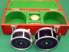 REELS & CASE: (3) Pair of Hardy Perfect alloy wide drum salmon fly reels in custom baize lined