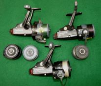 REELS & SPOOLS: (6) Set of 3 matching Abu Sweden Cardinal 55 rear drag reels, gold logos, foot