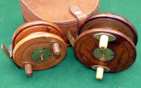 REELS & CASE: (3) Fine mahogany/brass pike or salmon reel by Heaton's?, 3 screw Slater latch, twin