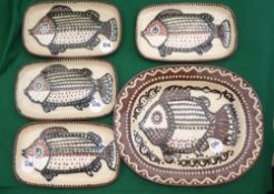 CERAMICS: (5) Set of 5 Mediterranean style flat ware, a serving dish 15