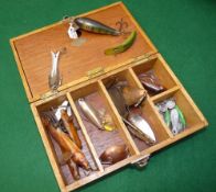 ACCESSORIES: (Qty) A post war Hardy Spintac oak lure box, 8
