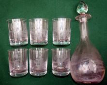 GLASSWARE: (7) Set of 6 engraved crystal whiskey glasses/tumblers 4