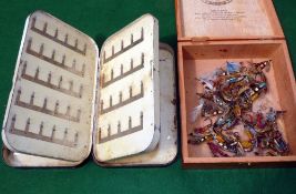 FLY BOX & FLIES: Hardy black japanned salmon clip fly box with two internal hinged leaves,