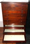 SPECIMEN CABINET: A fine mahogany wood stained specimen collectors cabinet, 10 slide out drawers