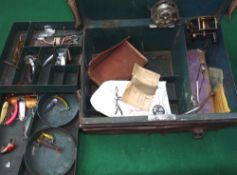ACCESSORY: Black japanned tackle box in leather outer carry case, measuring 14