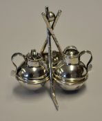Fine silver plated golfing cruet set stand comprising 3 crossed golf clubs and guttie golf ball