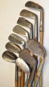 10x various mainly mashie and m/niblick irons to incl L/B flanged bottom stainless m/niblick,