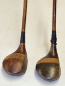 2x good sized brassie woods to incl both with striped tops one stamped Charles F White Burhill GC
