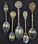 5x Silver Golf Spoons with golfing figures includes Oatlands Park Hotel GC 1929, and four unnamed