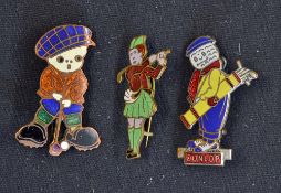 3x Enamel Golf Badges includes Dunlop Man, child golfer and Scottish golfer, interesting in A/G
