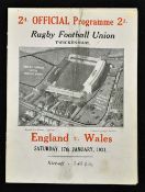 1931 England vs Wales (Champions) rugby programme played at Twickenham on 17th January the game