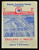 1939 England v Wales (Champions) rugby programme - played at Twickenham on 21st January with England