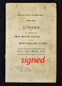 Rare 1925 Rugby League New South Wales (Australia) and New Zealand signed dinner menu - after the
