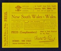 1927 Wales v N.S.W The Waratahs rugby match ticket - played on 26 November, complimentary press