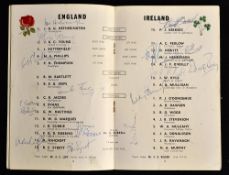 1958 England (Champions) v Ireland signed rugby programme - signed by members of both teams to the