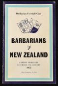 1973 Barbarians v New Zealand All Blacks rugby programme from 