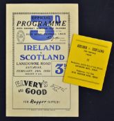 1950 Ireland v Scotland rugby programme and itinerary - single folded programme played at