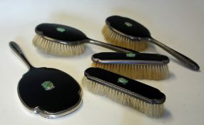 Early 20th Century Dressing Table Set with hallmarked silver mounts, with a Jade design motif and