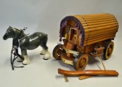 Ceramic Shire Horse and Large Romany Wooden Cart the grey horse measures 28x34cm, the cart