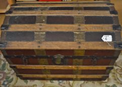Mid 20th Century Travel Trunk wooden with a bowed top with lath and metal fittings, 27