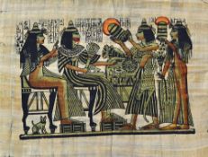 Interesting Egyptian Print - appears on 'papyrus', with scenes of females offering gift, measures
