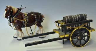 Ceramic Shire Horse and Wooden Cart the brown horse measures 24x30cm the cart with barrels, measures