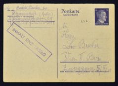 Ghetto Litzmannstadt Postcard dated 12 Dec 1941 stamped 'Contents Unacceptable', writing in pencil