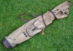 Good canvas and leather golf bag complete with travel hood pocket and shoulder strap