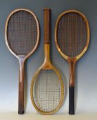 Selection of Wooden Tennis Rackets to include a Perry & Co 'Wimbledon' with a regular handle covered