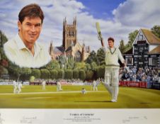 Graeme Hick Signed 'Century of Centuries' Cricket Print - signed by the artist David Stallard,
