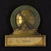 1970 World Amateur Golf Team Championship players badge - issued to GB&I team player G. Marks (60) -