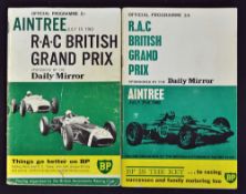 1961 and 1962 British Grand Prix Programmes both at Aintree, dates 15 July 1961 and 21 July 1962,