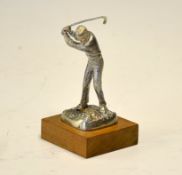 Modern small silver golfing figure - mounted on a wooden square base engraved 