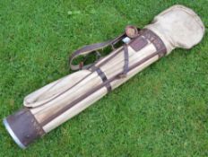 North British canvas and leather circular golf bag c/w travel hood, large pocket, original