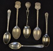 6x various silver and silver plated golfing teas spoons - incl silver ornate crossed club stem, 3x