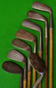 8x irons to incl 2x niblicks, m/niblick, 2x deep face mashies - makers incl Gibson, Tom Stewart