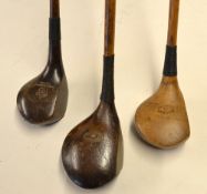 3x interesting compact socket head woods to incl an unusual dark stained brassie stamped
