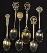 6x very decorative Golf Club silver teaspoons - Clapham Common Golf Club, Tabora Golf Club,