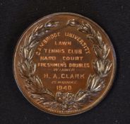 1940 Cambridge University bronze tennis medal - engraved on the reverse
