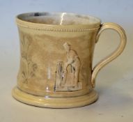 c.1850 Staffordshire Cricket Mug with raised decorations a beaded rim with raised figures of Box,