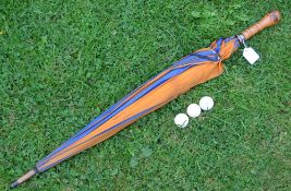 Period Golfer's Umbrella with blue and gold cloth quarters, wooden handle together with 3x dimple