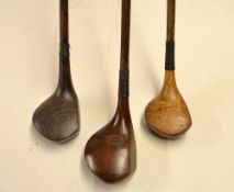 A. Monk East Herts G.C stained socket head spoon and 2x compact drivers one stamped A J Hobley in