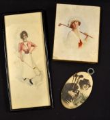 3x early 20thc lady golfer related items to incl signed water colour mf&g 12.5 x 5.5