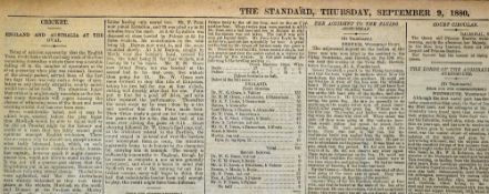 Cricket - 1880 The Standard London Newspaper 'England and Australia at The Oval' with an account