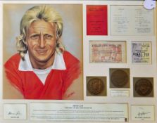 Denis Law Signed Montage includes artist signature, display includes reproduction tickets etc.,