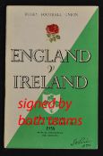 1958 England (Champions) v Ireland signed rugby programme - signed by members of both teams to the