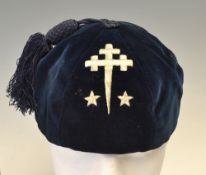 Fettes College Edinburgh blue velvet rugby honours cap - dark blue velvet skullcap with silk